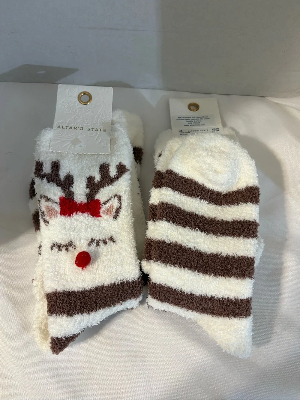 Altar'd State White Reindeer Plush Socks Red Bow women’s OS fuzzy 2 pair NWT